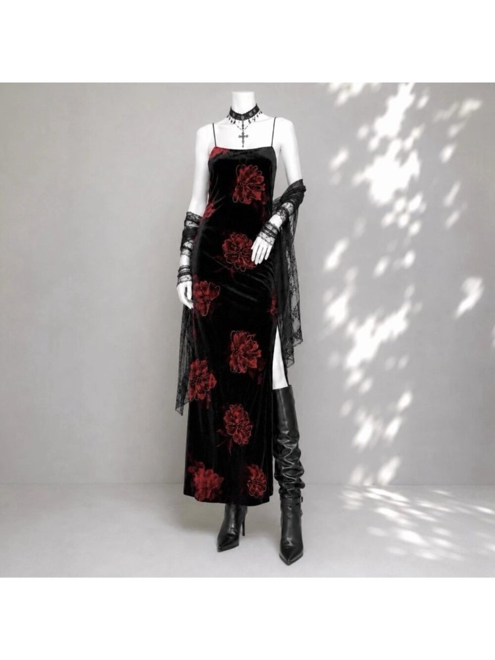 VTG 90s Arianna Velvet Floral Whimsygoth Maxi Slip Dress Womens Size 12